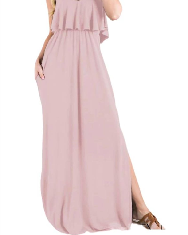 Front of a model wearing a size 3X Dusty Ruffled Maxi Dress In Pink in Pink by HEIMISH USA. | dia_product_style_image_id:346808